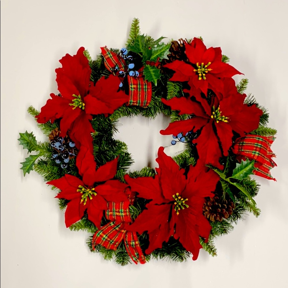 Poinsettia Christmas Wreath & Red, Green, Gold Bow